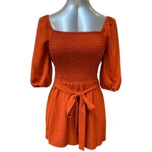 NWT BCBGeneration Short Sleeve Smocked Belted Romper Women's Size Small Orange